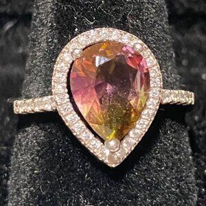 Ring Tourmaline Size 8 Pear-Shaped Tourmaline Stone 10mm x 8mm 38 CZ Cubic Zirco